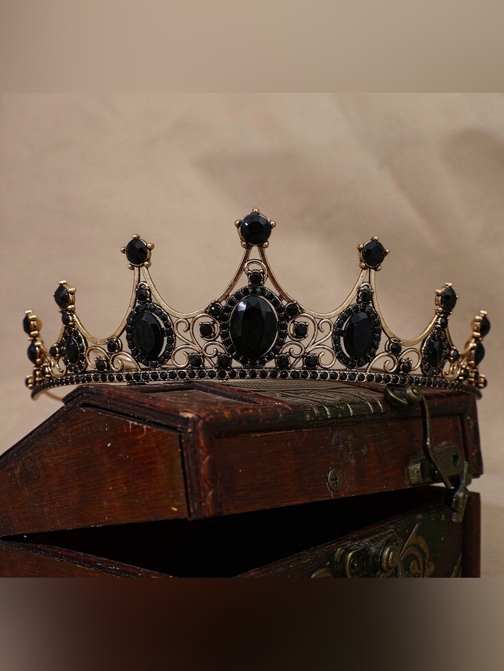 Gold Metal Tiara Headband with Black Gemstones